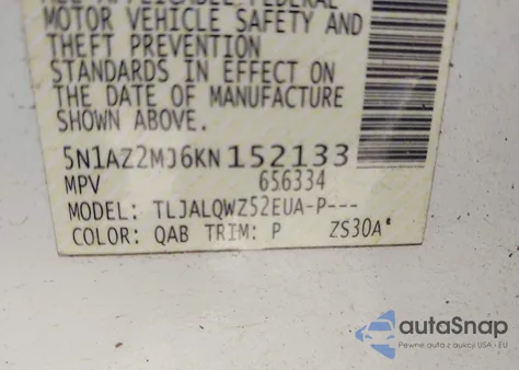 2019 Nissan Murano Sv z USA, uszkodzony, nr VIN 5N1AZ2MJ6KN152133